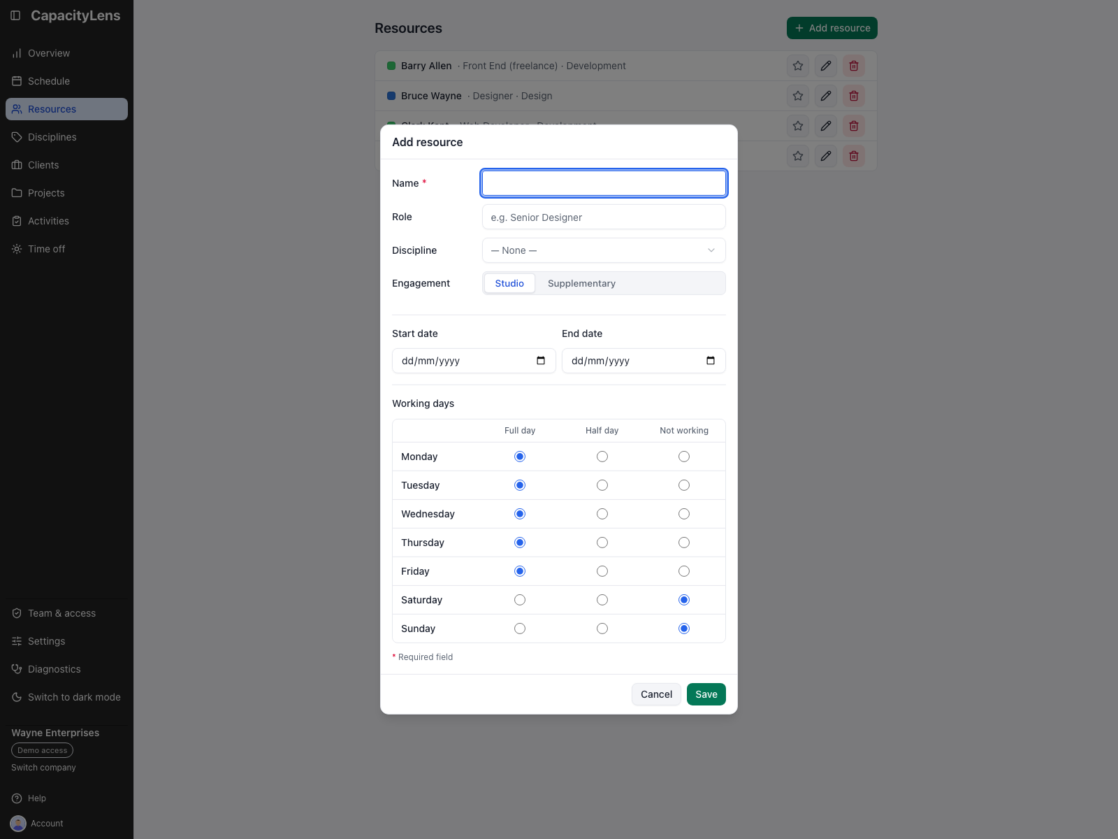 The Add resource form with optional Start date and End date fields separated from a seven-day working-pattern grid
