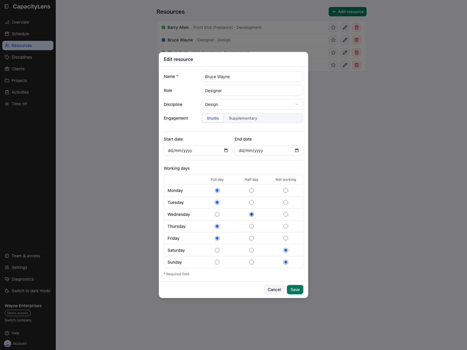The Edit resource form with Wednesday set to Half day in a person's seven-row working pattern