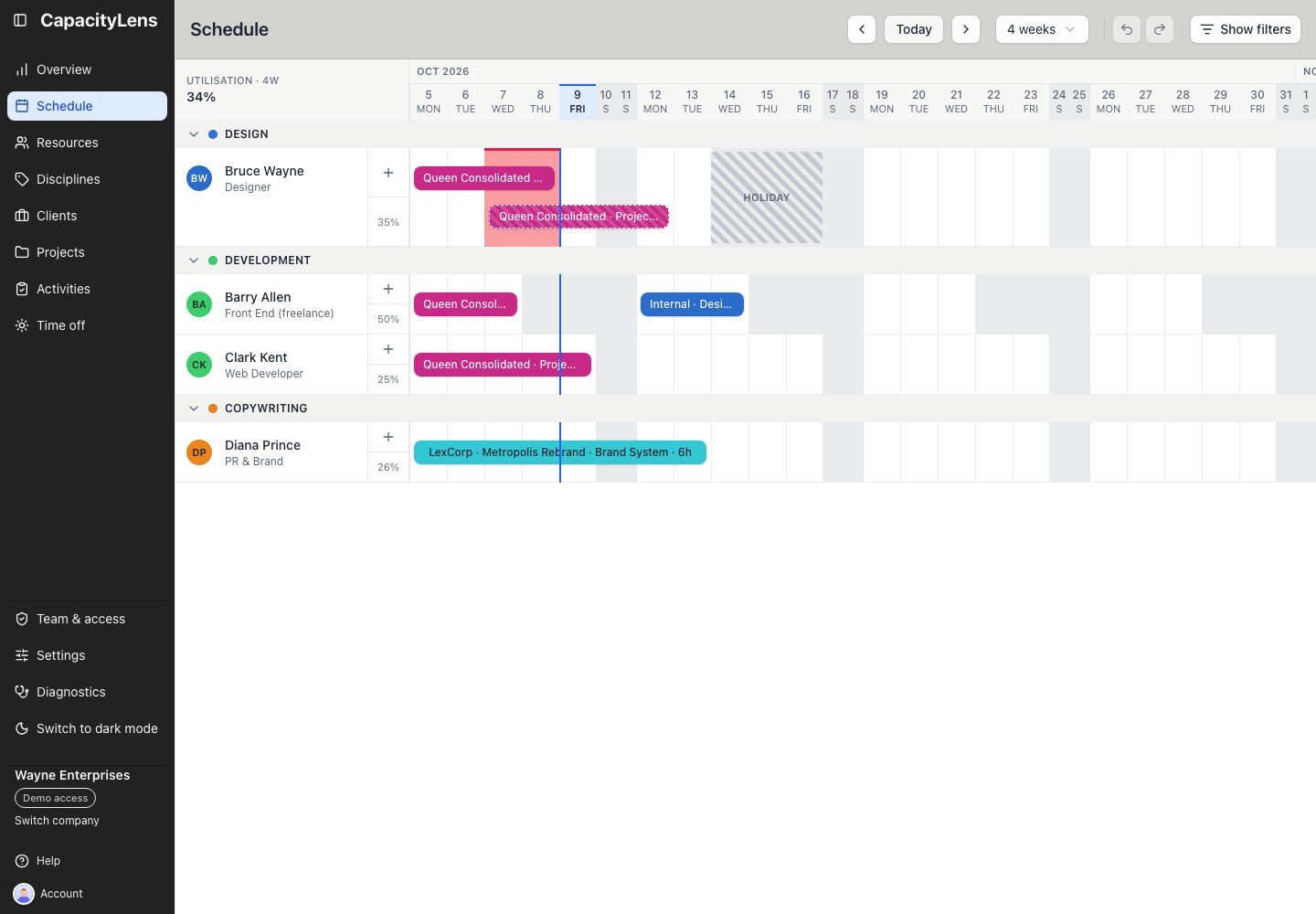 The Schedule view with people grouped by discipline, allocation bars, utilisation percentages and a holiday block