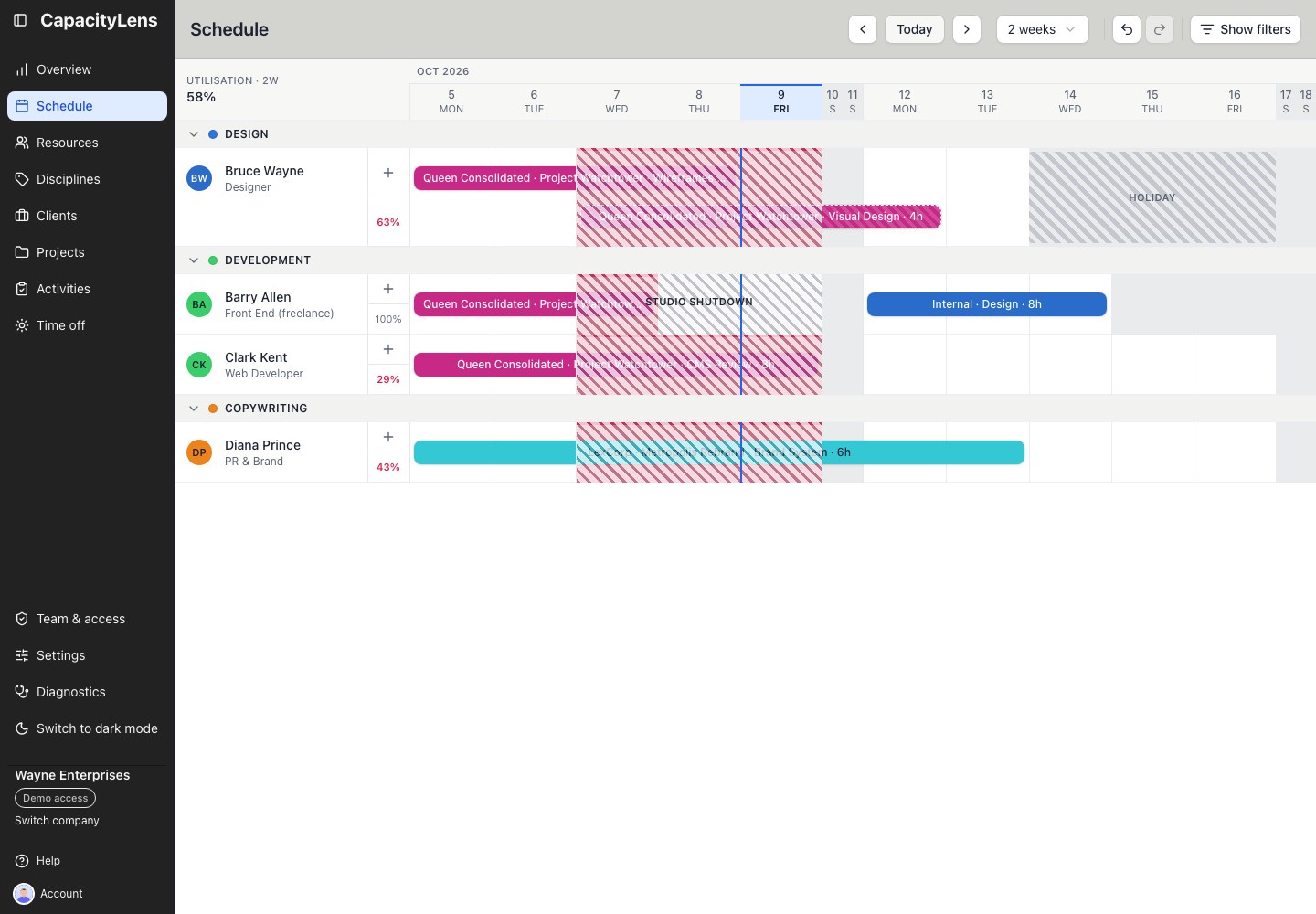 The schedule with a Studio shutdown band across 7–9 October and overlapping allocations marked red