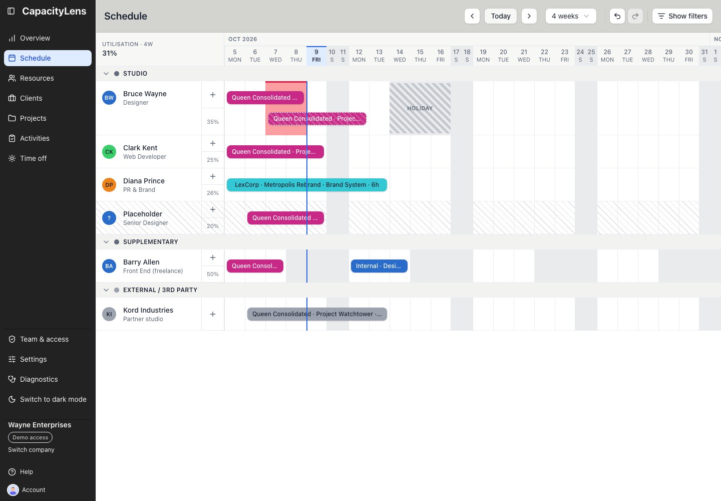 The Schedule grouped into Studio, Supplementary and External / 3rd party bands after disciplines have been turned off