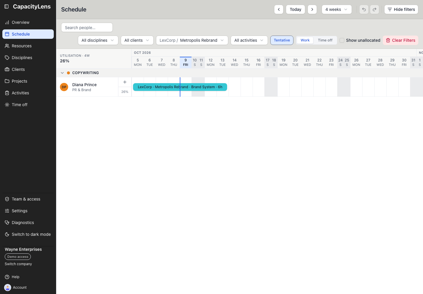 The Schedule filtered to a project, with Clear Filters active in red
