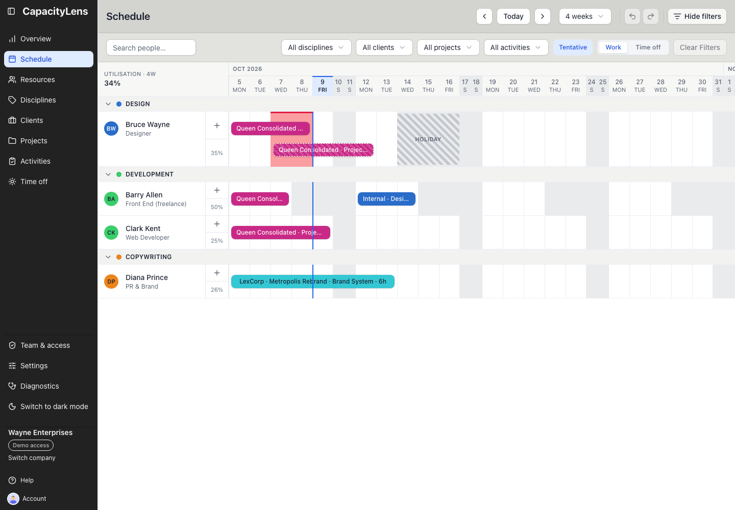 Schedule filters open with person search, Clear Filters and Today