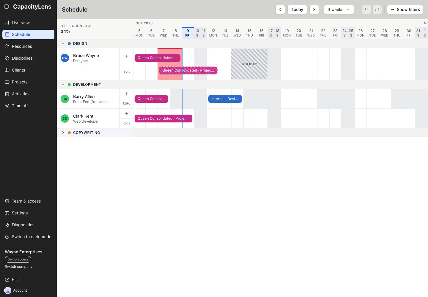 The schedule with the Copywriting group collapsed