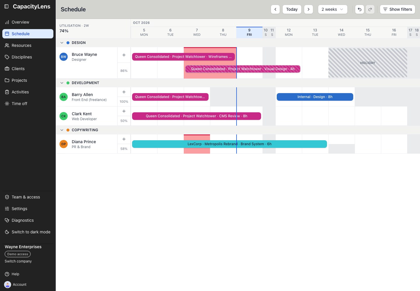The two-week schedule with the lower half of Diana Prince's unobscured Wednesday cell tinted to show her saved half-day working pattern
