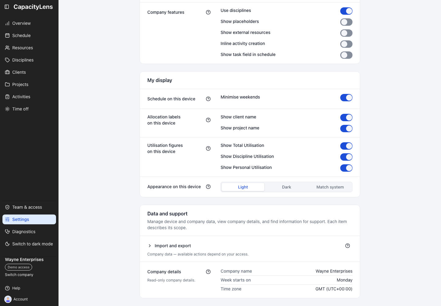 Appearance preferences above Data and support, with Import and export closed