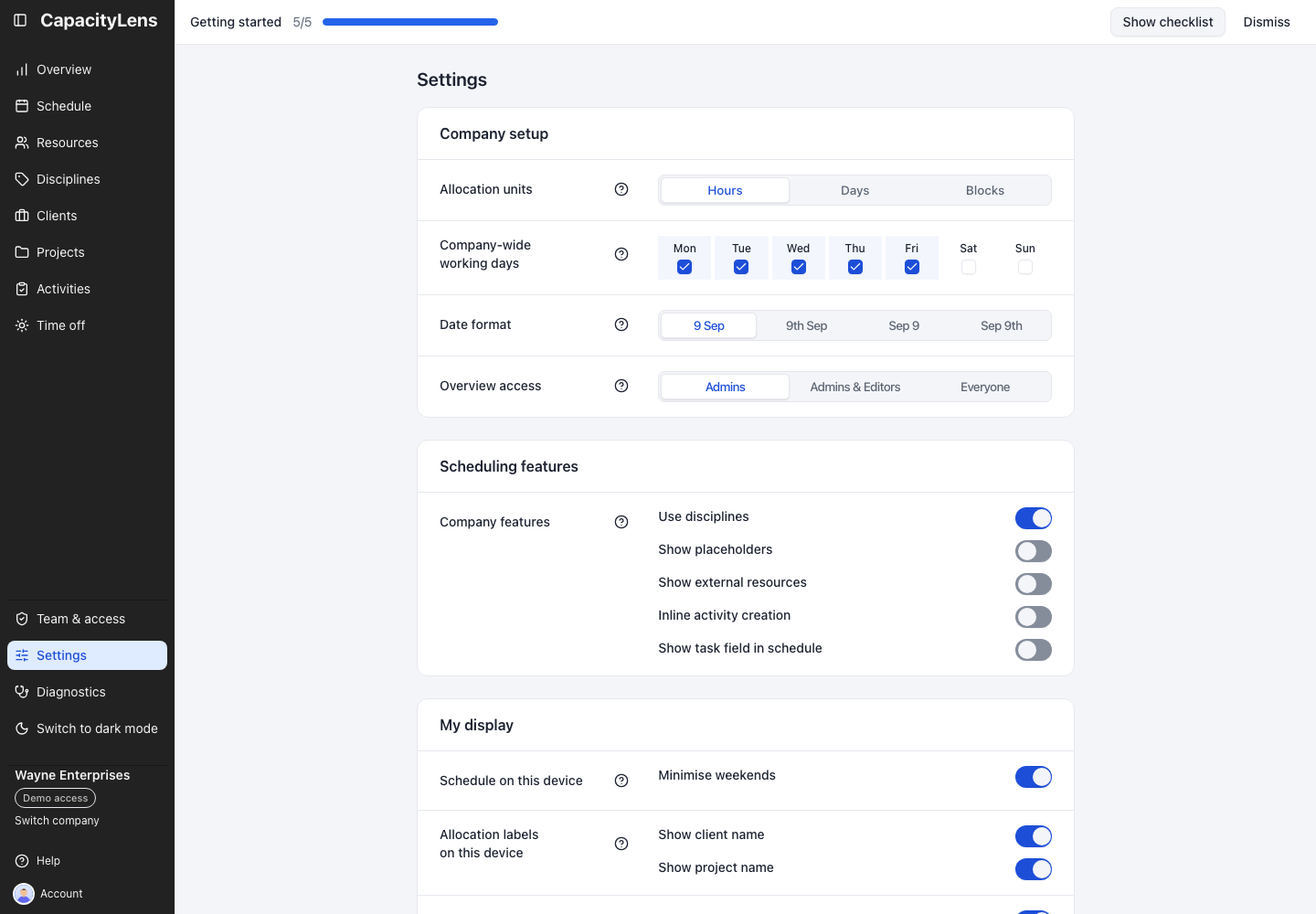 Settings: Company setup with Hours selected and Overview access set to Admins