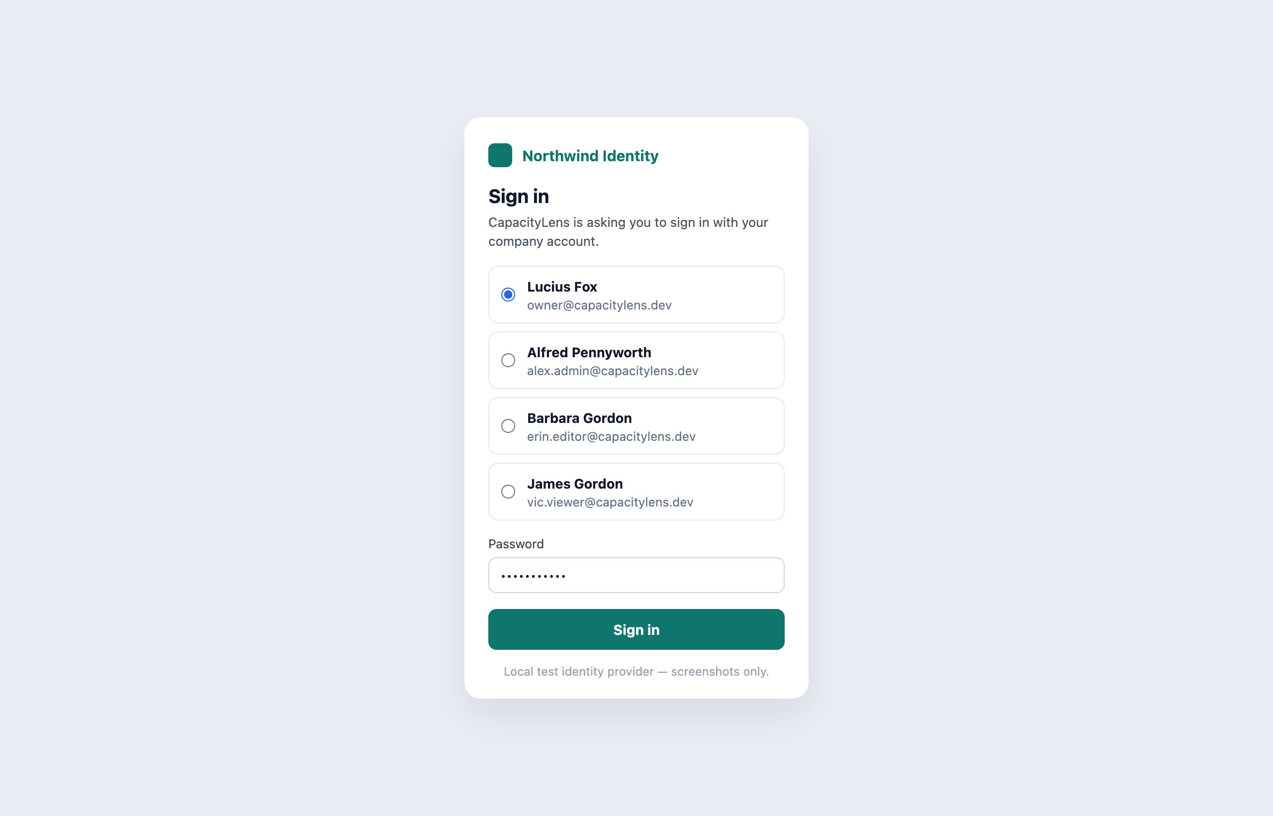 The company login system's own sign-in page, branded Northwind Identity, asking the person to sign in with their company account