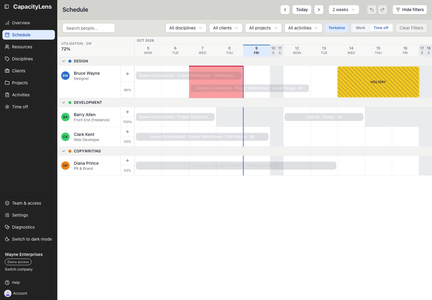The schedule with draw mode switched to Time off: work allocations dim and a holiday block is highlighted
