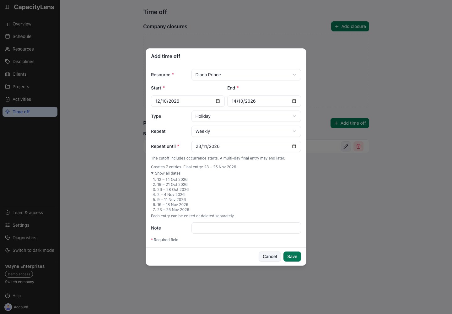 The Add time off form previewing seven three-day holiday entries, with every generated date range expanded