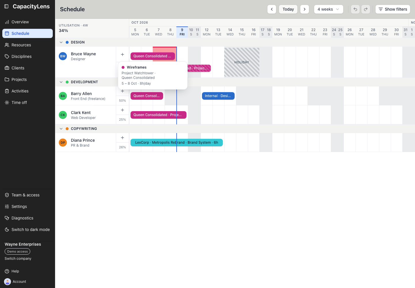 Schedule with Bruce Wayne's booking focused
