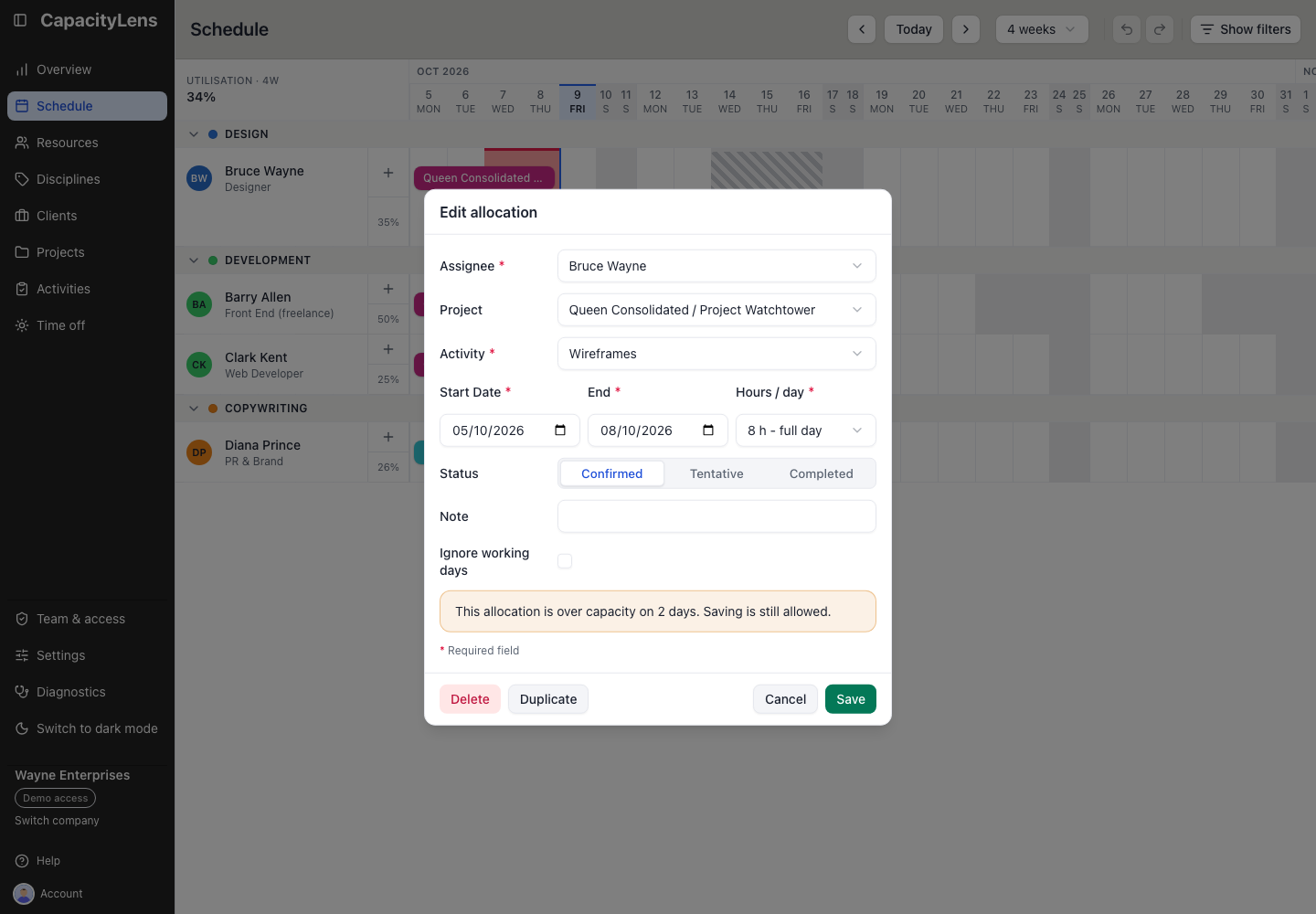 Edit allocation dialog with dates, activity, Days of work, Status, Note and Delete