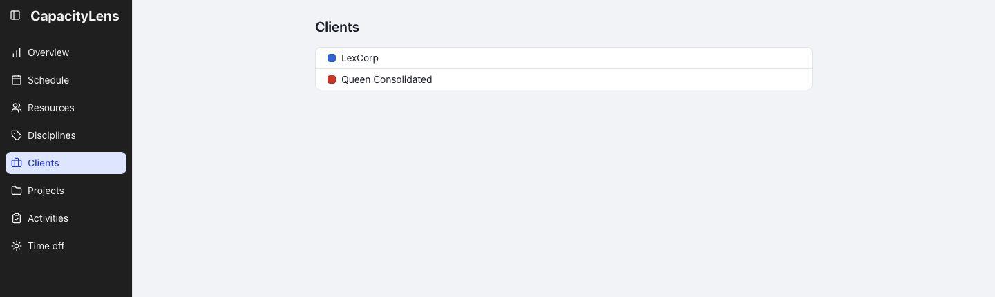 Clients showing LexCorp and Queen Consolidated