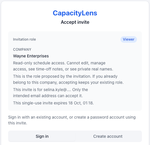 Accept invite page showing the company, the Viewer role, the intended email hint, the expiry, and Sign in or Create account