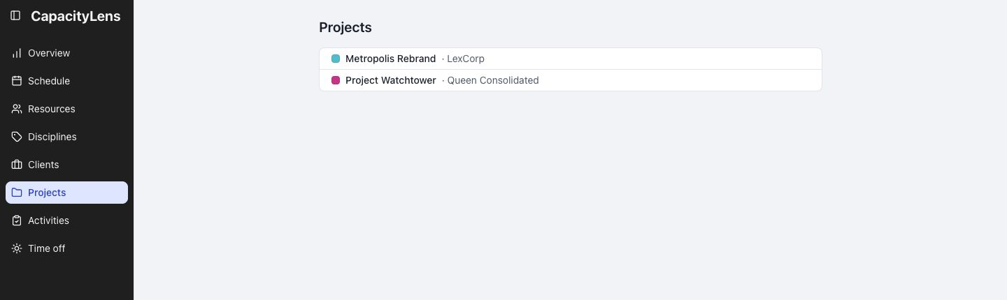 Projects showing project names with their supporting client names
