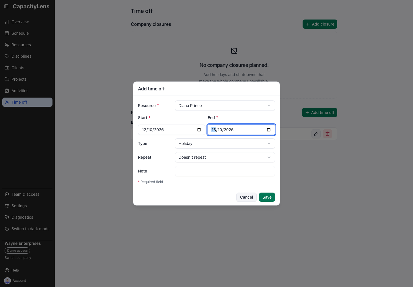Add time off form with Resource, Start, End, Type, Repeat, Note and Save