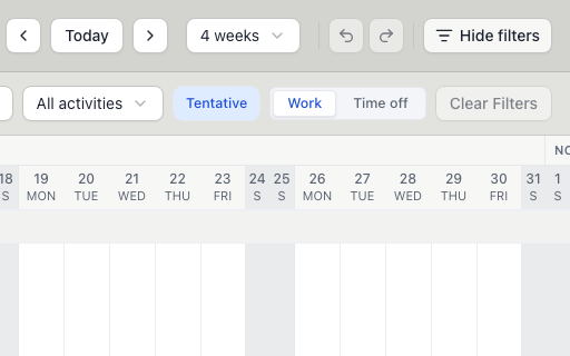 Schedule toolbar with Prev, Today, Next, 4 weeks and Hide filters above the filter row and week columns