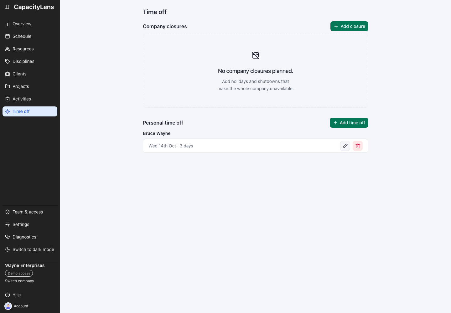 Time off showing company closures and personal time off entries