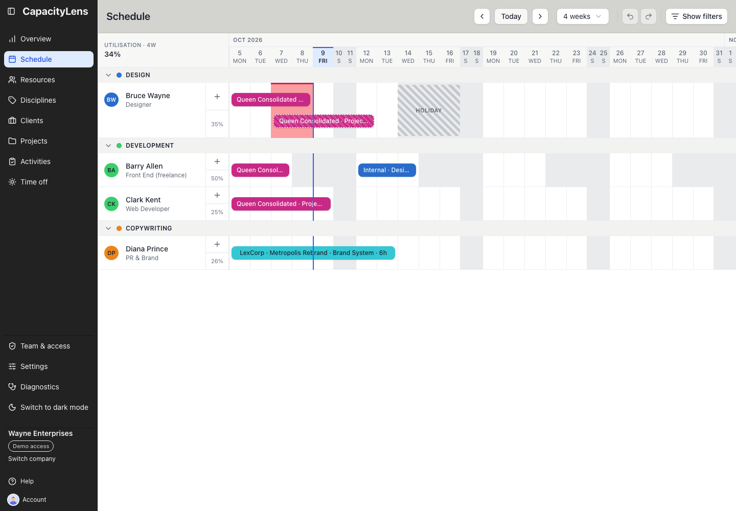 Schedule with Schedule menu item, Bruce Wayne's row and avatar button