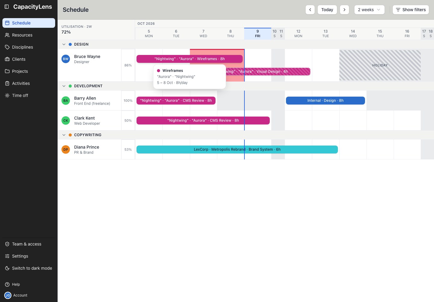 A Viewer opening read-only booking details with dates and daily hours