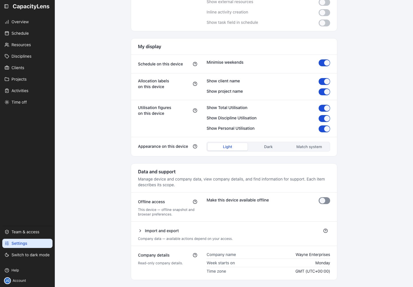 Viewer Settings showing editable My display controls and device preferences